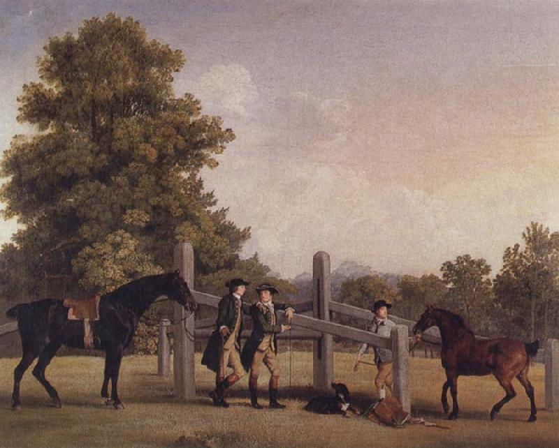 George Stubbs The Third Duke of Portand and his Brother,Lord Edward Bentinck,with Two Horses at a Leaping Bar Sweden oil painting art